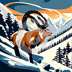 Alpine ibex in the mountains. Vector illustration in flat style Generative AI