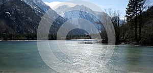 alpine lake called Lago del Predil in Italian Language in Northe