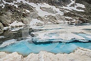 Alpine lake with crystal-clear waters partially covered by melting snow, nestled among rugged mountains