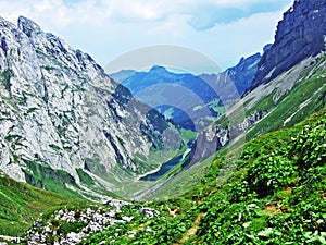 Alpine lake FÃ¤hlensee in mountain range Alpstein