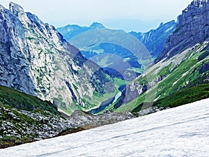 Alpine lake FÃ¤hlensee in mountain range Alpstein