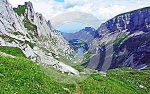 Alpine lake FÃ¤hlensee in mountain range Alpstein
