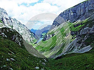 Alpine lake FÃ¤hlensee in mountain range Alpstein