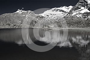 Alpine lake in infrared b&w