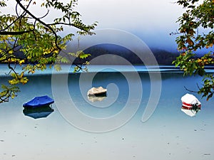 Alpine lake Klontalersee in Klontal valley and mountain range Glarus Alps