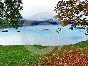 Alpine lake Klontalersee in Klontal valley and mountain range Glarus Alps