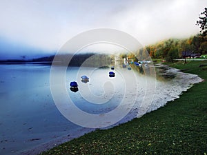 Alpine lake Klontalersee in Klontal valley and mountain range Glarus Alps