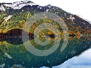 Alpine lake Klontalersee in Klontal valley and mountain range Glarus Alps