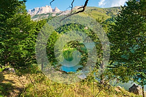 The alpine lake MaralGol is located in the GoyGol National Park in Azerbaijan. View from mountain