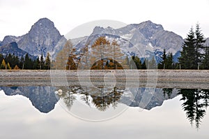 Alpine lake and mountains in autumn