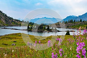 Alpine lake and mountains in sunshine meadows, Alberta