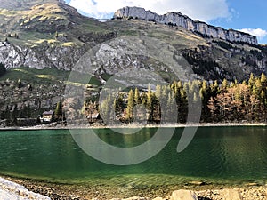 Alpine lake Seealpsee in the Alpstein mountain range and in the Appenzellerland region