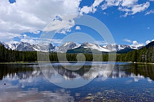 Alpine Lake, Snow Capped Mountains, Clouds and Reflections.