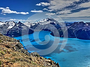 Alpine Lake, Snow Capped Mountains, Clouds and their Shadows on Water.