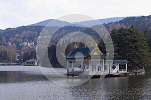 Alpine lakes and lakeside buildings