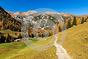 Alpine landscape in autumntime. Hiking in Austrian Alps, Tyrol, Austria