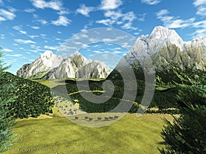 Alpine landscape with caws