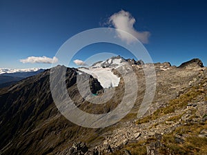 Alpine landscape panorama of glacier ice on summit of Mount Brewster Southern Alps seen from Mount Armstrong New Zealand