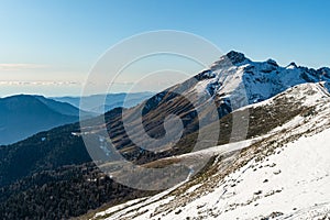 Alpine landscape with peaks covered by snow