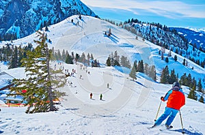 Alpine landscape with riding skier, Zwieselalm mountain, Gosau, Austria