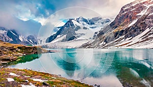 Alpine landscape of snowy mountains and glacier lake. Natural scenery