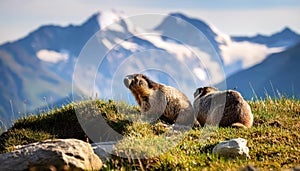 Alpine Marmots amidst Grossglockners Majesty KaiserFranzJosefsHohe, High Tauern Nation Panoramic Winter Wonderland with photo