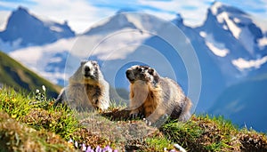 Alpine Marmots Frolicking against Grossglockners Majestic Backdrop at KaiserFranzJosefsHohe, High Tauern Nation Serene Winter photo