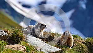 Alpine Marmots in Front of Grossglockner Majestic SnowCapped Peaks and Vibrant Alpine Meadows at KaiserFranzJosefsHohe photo