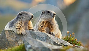 Alpine marmots Marmota marmota, wildlife. Alpine marmots in a meadow with flowers