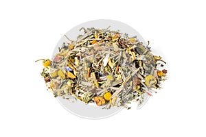 Alpine meadow herbal tea isolated on white background. Mix tea with dried fruits and dried flowers. Front views, close