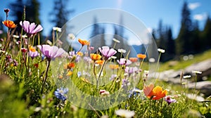 Alpine meadow with snowy mountains and blue sky