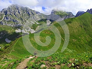 Alpine meadow in spring in Chablais region, France, near Bernex. Hike to Pelluaz summit