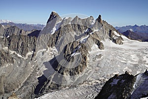 Alpine Mont Blanc massif on the boundary between Haute-Savoie, France and Aosta Valley, Italy.