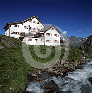 Alpine mountain hut in Austrian alps.