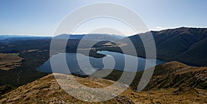 Alpine mountain panorama of Lake Rotoiti from Mount Robert Trail in Saint Arnaud Nelson Lakes National Park New Zealand