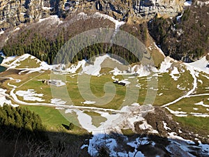 Alpine mountain pasture valley Alpsee in the Alpstein mountain range and in the Appenzellerland region