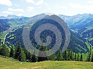 Alpine mountain peak Kirchlespitz over the Saminatal alpine valley and in the Liechtenstein Alps mountain massiv - Steg