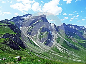 Alpine mountain peak Naafkopf in the Ratikon RÃ¤tikon or Raetikon border alpine mountain massif - Malbun, Liechtenstein
