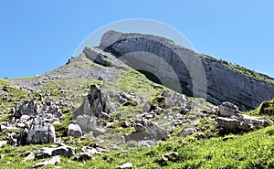 Alpine mountain peak Plattenberg above the Wagital valley or Waegital and Lake Wagitalersee Waegitalersee, Innerthal