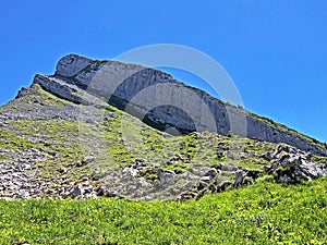 Alpine mountain peak Plattenberg above the Wagital valley or Waegital and Lake Wagitalersee Waegitalersee, Innerthal