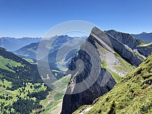 Alpine mountain peak Plattenberg above the Wagital valley or Waegital and Lake Wagitalersee Waegitalersee, Innerthal