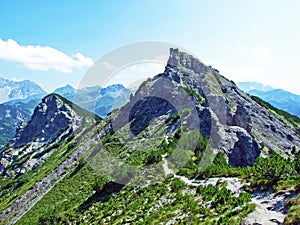 Alpine mountain peaks Drei Kapuziner and Stachlerkopf over the Saminatal alpine valley and in the Liechtenstein Alps massiv