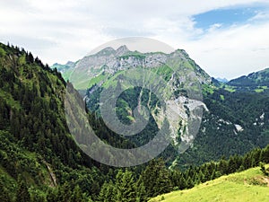 Alpine mountains Biet and Leiterenstollen above the Sihltal valley and artifical Lake Sihlsee, Studen - Canton of Schwyz photo