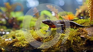 Alpine newt (Ichthyosaura alpestris) side view on moss and rocks in natural mountain. generative ai