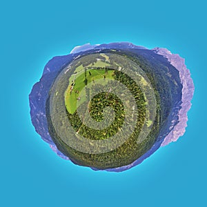 Alpine panorama with a forest and a mountain meadow, aerial photograph, Little Planet, Spherical 360 degrees seamless panorama