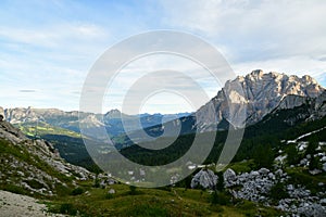 Alpine panorama Valparola pass Dolomotes Italy