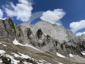 Alpine peak Brisi in the Churfirsten mountain range, between the Obertoggenburg region and Lake Walensee, Walenstadtberg