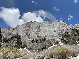 Alpine peak Brisi in the Churfirsten mountain range, between the Obertoggenburg region and Lake Walensee, Walenstadtberg