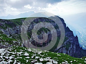 Alpine peak ChÃ¤serrugg in the Churfirsten mountain range, between the Toggenburg region and Lake Walensee