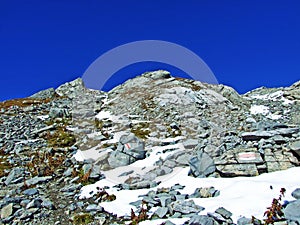 Alpine peak Falknis in the Ratikon border mountain massif or Raetikon Grenzmassiv and over the river Rhine valley Rheintal